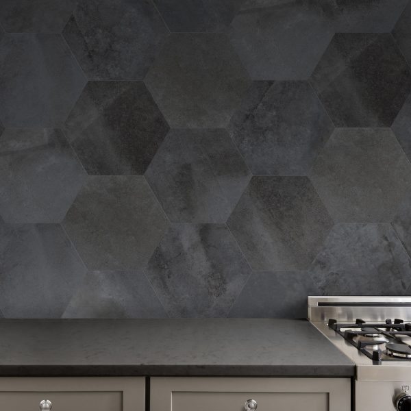 Lungarno Ceramics - Disk 14 in. x 16 in. Porcelain Hexagon Tile - Anthracite For Discount