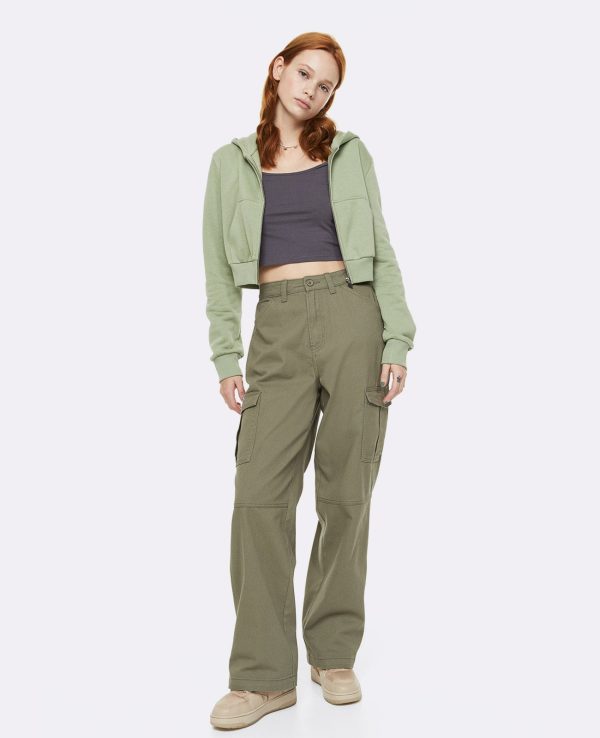 High Waisted Cotton Pant - Khaki For Discount