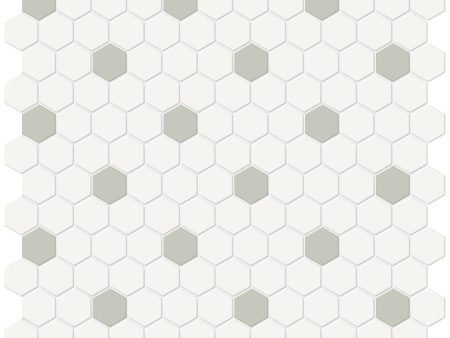 Anatolia - Soho Porcelain - 1 in. Hexagon Glazed Mosaic - Canvas White with Soft Sage Insert Matte For Sale