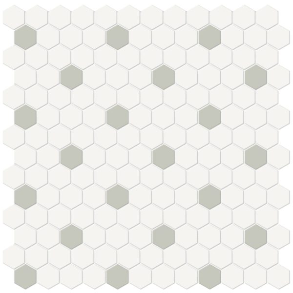 Anatolia - Soho Porcelain - 1 in. Hexagon Glazed Mosaic - Canvas White with Soft Sage Insert Matte For Sale